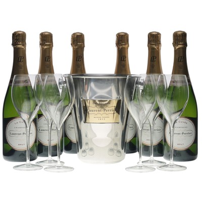 Laurent Perrier Brut Set - mit 6 Flaschen, 6 Gläsern und einem Champagnerkühler