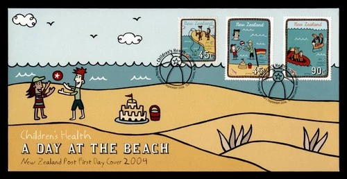 DR WHO 2004 NEW ZEALAND FDC CHILDREN HEALTH BEACH DAY COMBO M71887