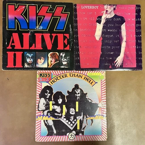 3 VINTAGE 1970'S ROCK VINYL RECORD ALBUM LOT KISS ALIVE II HOTTER HELL LOVERBOY