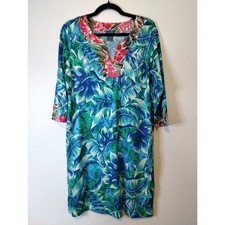 Caribbean Joe Women's Size M Blue Tropical Leaf Print Hawaiian Shift Dress
