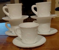 Vintage Kemple Milk Glass IVY IN SNOW Tea Cup & Saucer Set Of 5
