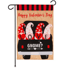 Garden Flag Happy Valentine's Day Love Four Gnomes in Truck 12x18 Burlap