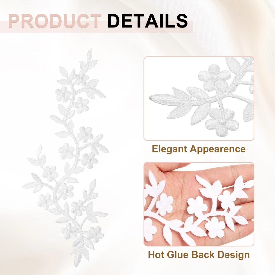 2 Piezas Parche Largo Flor Vid con Hoja, 10" x 4" Hierro en Parche Aplique, Blanco Foto 3 de 4