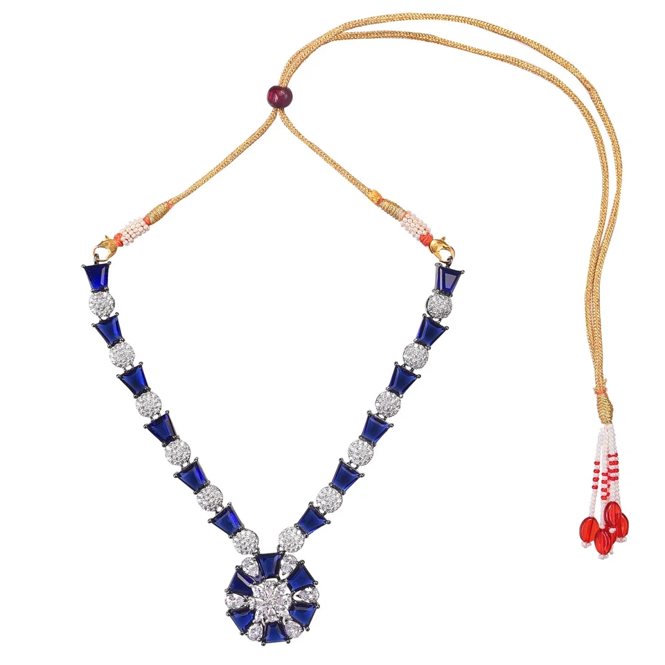 Juego de collar de piedras preciosas de zafiro azul, joyería tono plata, delicado regalo para mujer” Foto 3 de 3