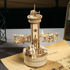 ROBOTIME 3D Wooden Puzzle Airplane Control Tower Model Kit DIY Music Box Gifts