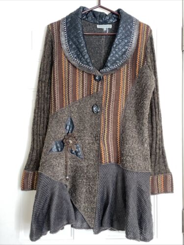 Liquid By Sioni Brown Knit Wearable Art Wool Blend Sweater Cardigan Size Large