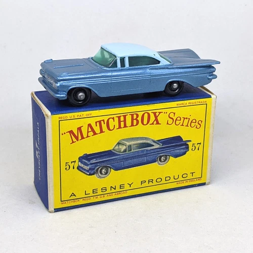 Matchbox Lesney No. 57b Chevrolet Impala RARE BLACK WHEELS & BASE - D Type Box