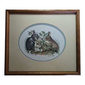 Bunny Rabbits Completed Cross Stitch Professionally Framed Under Glass Picture