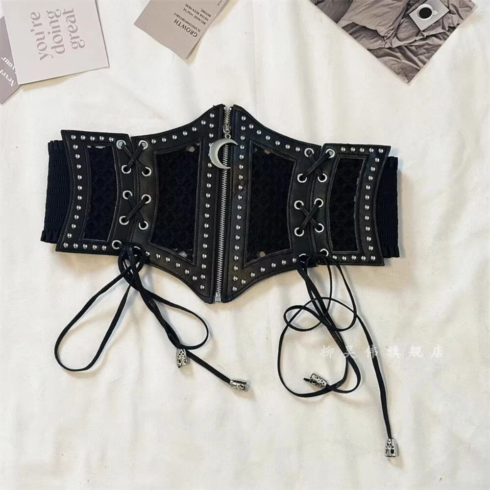 Women Gothic Punk Waistband Corset Belt Obi Lace Up Elastic Waist Hollow Out Zip