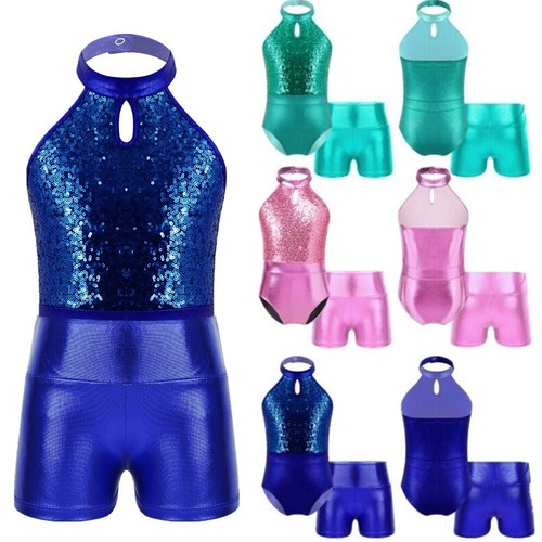Leotard With Shorts Shiny Girl Dance Leotard Sparkly Bodysuit Ballet Jumpsuit - Picture 2 of 35