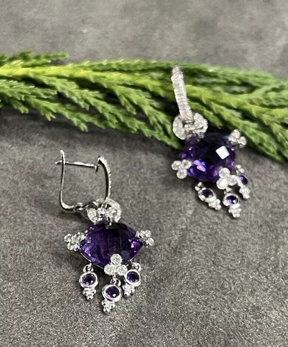 14kt White Gold Amethyst With Diamond Dangle Earrings - Picture 6 of 9