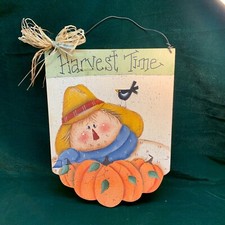 Harvest Time Scarecrow Wall Hanging Vintage Tole Painted Wood Decoration Fall
