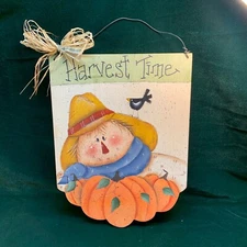 Harvest Time Scarecrow Wall Hanging Vintage Tole Painted Wood Decoration Fall