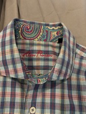 Alan Flusser Mens Button Shirt Large Long Sleeve Plaid Paisley Flip Cuff Sz L