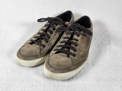 Ecco Soft 7 Shoes Men's Size 10 Grey Nubuck Leather Low Top Round Toe Sneakers