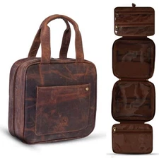 Large Hanging Leather Toiletry Bag | Dopp Kit With Foldable Compartments
