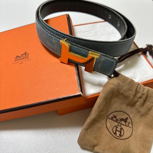 Hermes Constance Belt Reversible H Buckle Black Blue Leather Box Pouch Used
