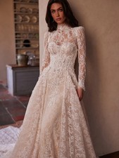 Detachable Train Full Lace Wedding Dress High Collar Long Sleeve Bridal Gown