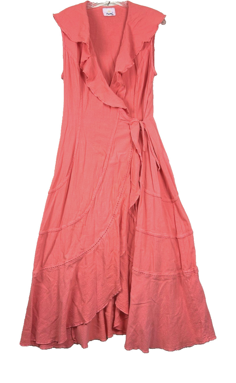 Dunes Wrap Dress Large Cotton Gauze Coral Pink Ruffle Relaxed Fashion Sleeveless