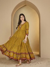 Yellow Anarkali Kurta Women Print Flared Indian Kurti Ankle Long Dress Tunic