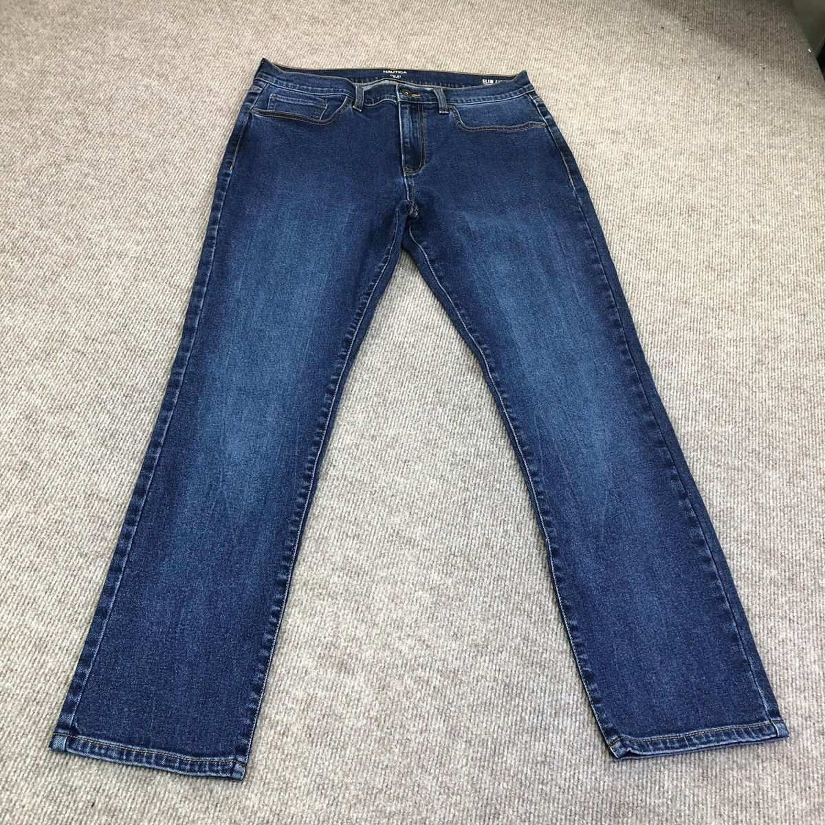 New Nautica Slim Straight Jeans Mens 32x32 Blue Dark Wash Stretch 