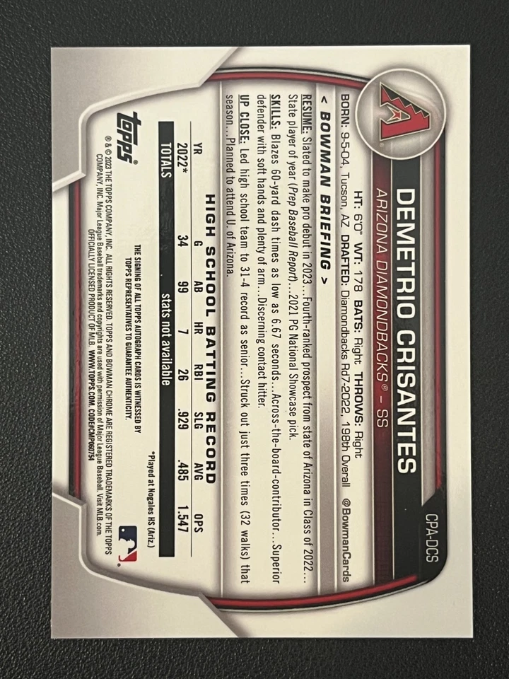 Demetrio Crisantes 2023 Bowman Chrome 1st Prospect Auto Diamondbacks - Image 2 of 2