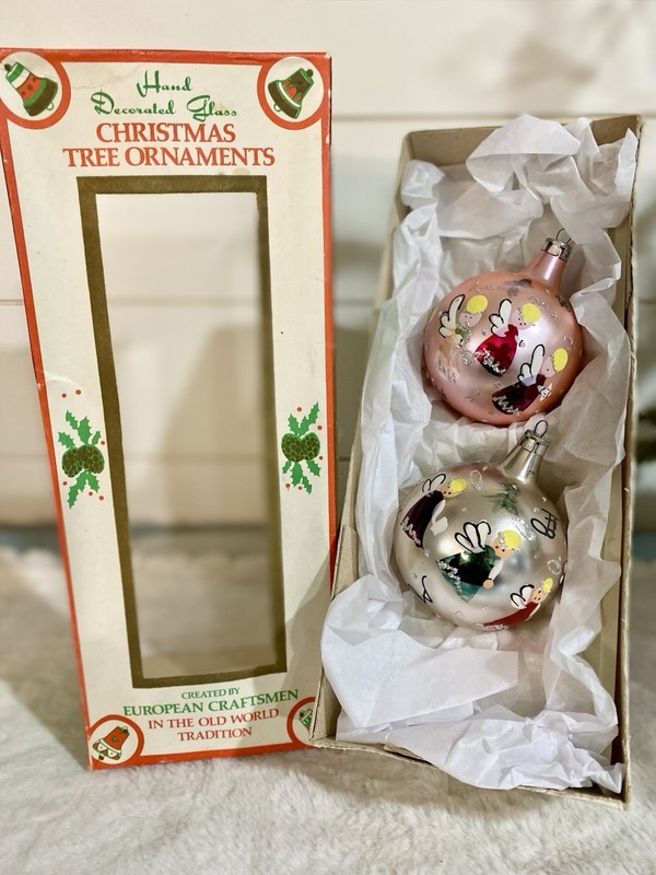 BOX of 2 Vtg Commodore 3" Hand-Decorated Angel Glass Ornaments European Romania