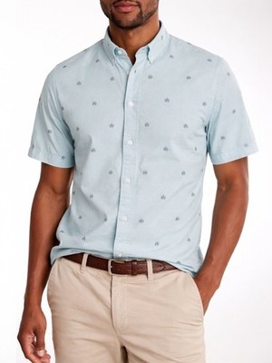 Rag & Bone Fit 2 Tomlin Dagger Print Shirt Blue Slim Fit Cotton Linen Size XL