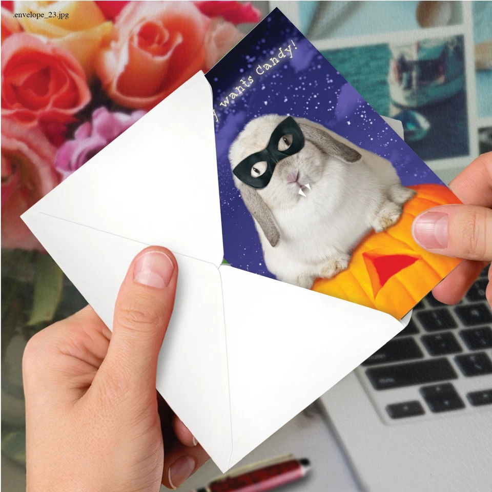 12 divertidas tarjetas de Halloween con sobres (1 diseño, 12 cada uno) - Bunny Monster Foto 4 de 4