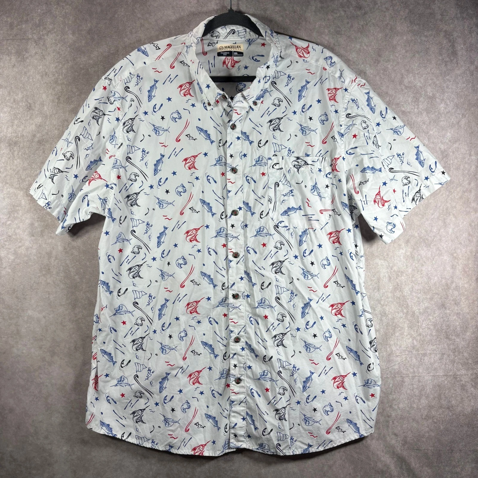 Magellan Fishing Shirt Men 2XL White Classic Fit Short Sleeve Fish Hook Print