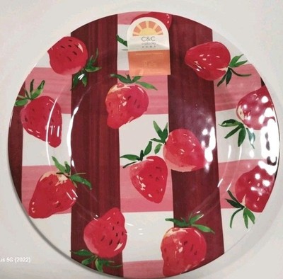 C & C 8 pc DINNER & SALAD PLATES MELAMINE STRAWBERRY BUFFALO CHECKERED fruit NEW