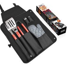 7 Pc BBQ Tool Set With Apron Stainless Steel Barbecue Utensils Grill Kit Outdoor