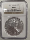 2012-W Burnished Silver Eagle Coin MS70 Brown Label NGC