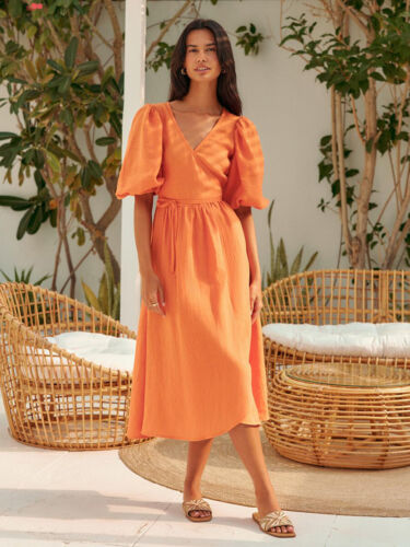 Summer Women Ladies Pure Cotton Lace-up Short Bubble Sleeve V Neck Long Dress - Picture 48 of 61
