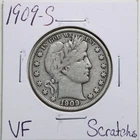 1909-S 50C Barber Liberty Head Half Dollar with VF Detail Scratches #3638