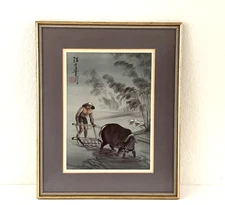 Vintage Figural Watercolor Painting 13x16" Asian Rice Fields Ox and Workers