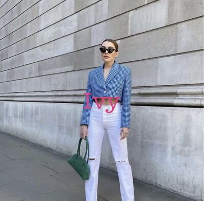 ZARA BLAZER CHECKED CROPPED LAPEL COLLAR NWT SS21 SIZE M