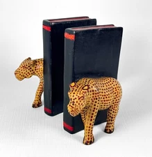 Vintage Mid Century African Carved Wood Folk Art Leopard Cheetah Bookends