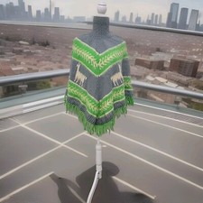 Vintage Peruvian Alpaca Wool Poncho w/ Fringe Green/Grey Colors
