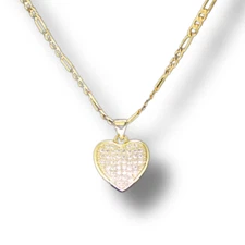 Women's Heart iced Cz Pendant 14k Gold Plated 20" Figaro Chain Necklace