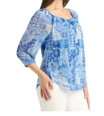 #ad A. Byer Juniors Juniors#x27; Printed mesh Peasant 3 4 sleeve Top Brand New Size L $16.99