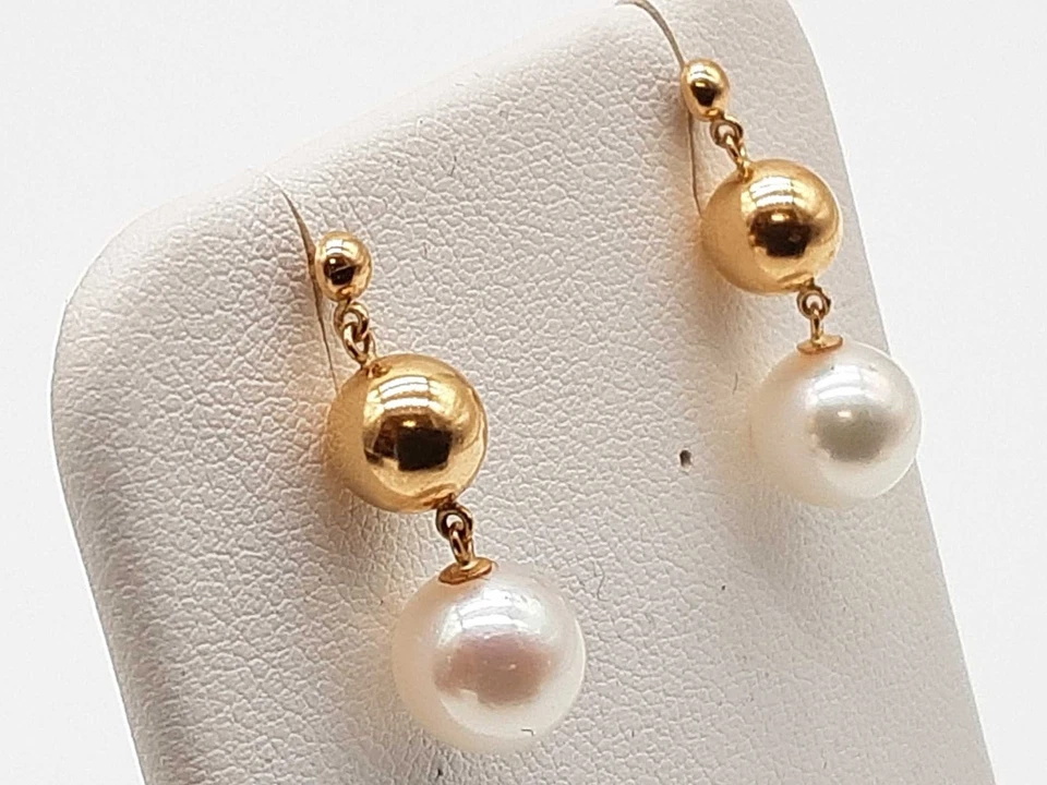 Aretes colgantes de perlas blancas de oro amarillo de 18 k 2,0 g Do0825srde Foto 2 de 3