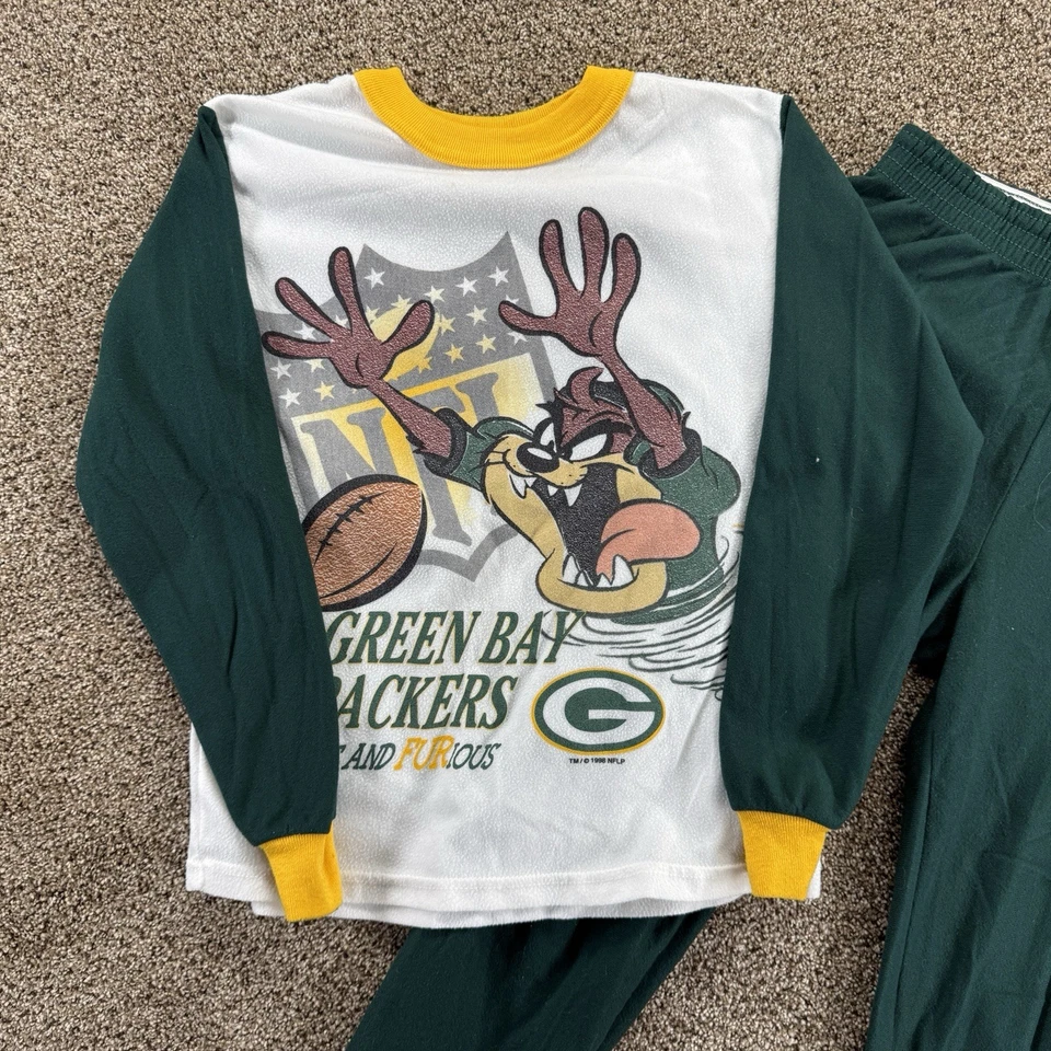 Vintage Wormser Pajamas Looney Tunes Taz Devil Green Bay Packers Kids Size 12 - Image 3 of 4