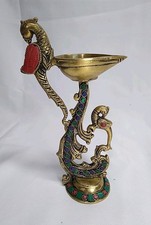 brass diya oil lamp Peacock Handle Cast Jewel...