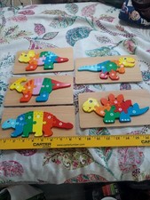 Set of 5 Wood Dinosaur Toddler Number Puzzles 3-5 Montessori Lead-Free Non-Toxic