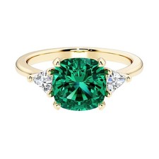 3Ct Cushion Cut Green Emerald Three Stone Engagement Ring 14k Yellow Gold Finish
