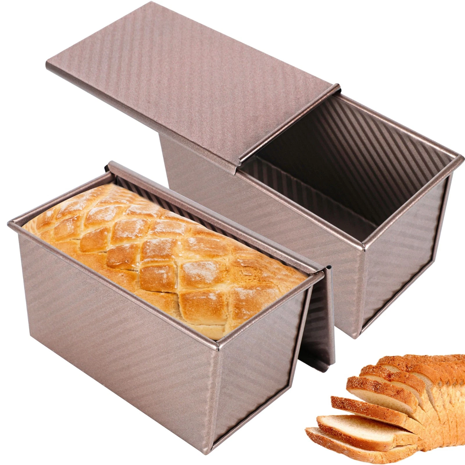 2pack Pullman Bread Pans with Lid, 1LB Capacity Bread Loaf Pan, Non-Stick, Ea...