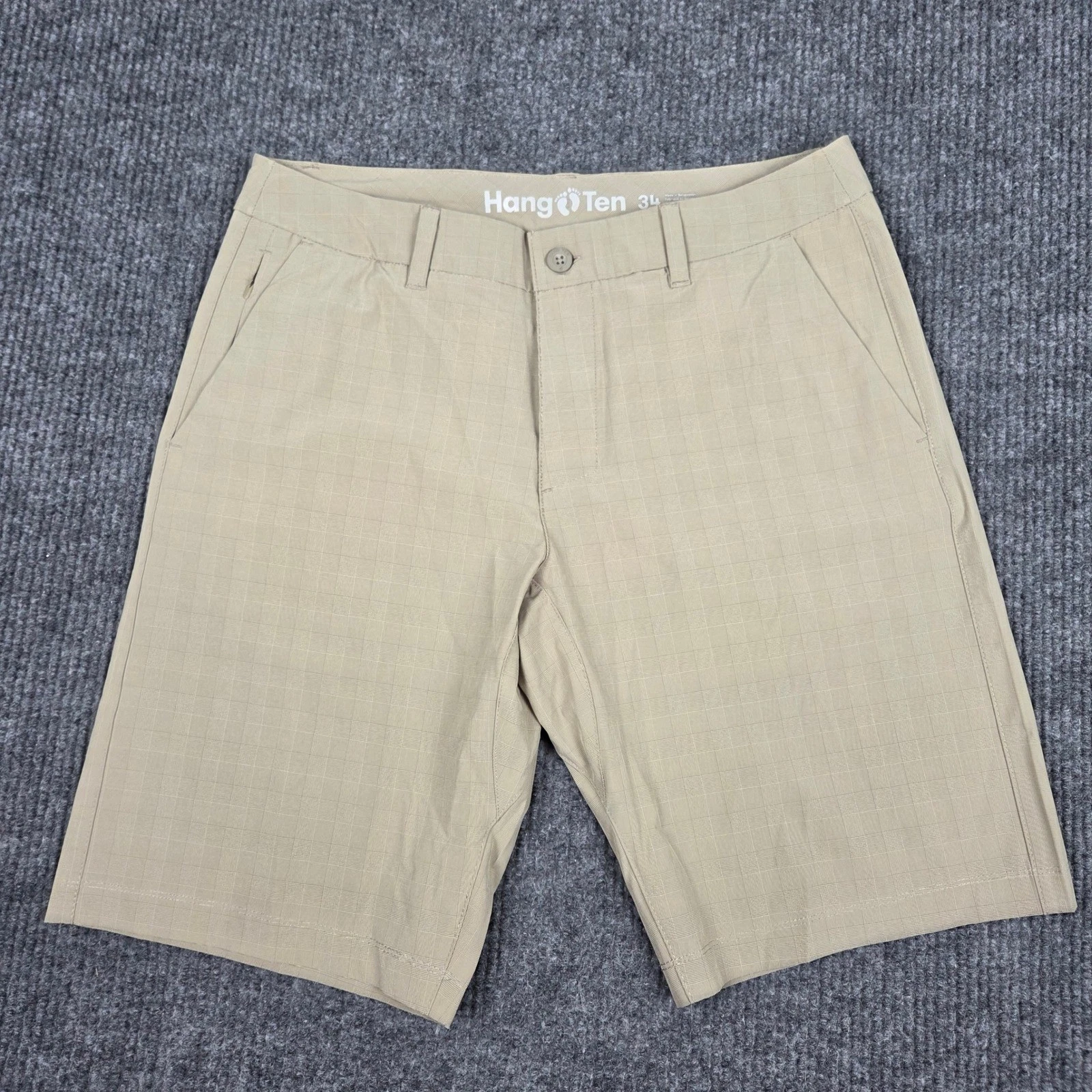 Hang Ten Mens Hybrid Walk Shorts 34 Khaki Tan Glen Plaid Quick Dry Stretch 26437