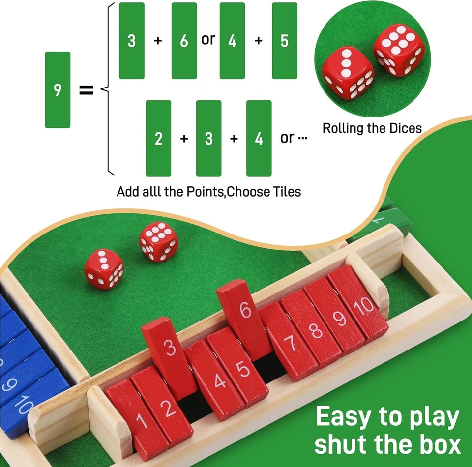 Klappenspiel aus Holz, Shut the Box Variante - buntes Würfel-Brettspiel 4Spieler - Bild 3 von 4
