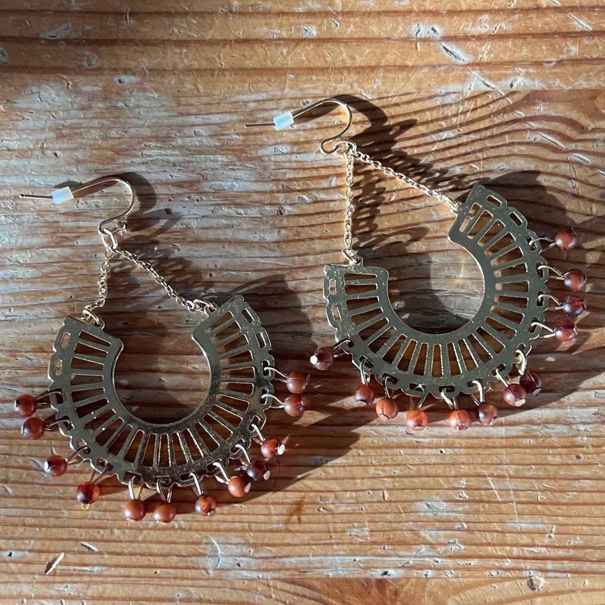 Bohemian Arch Fan Dangle Earrings Orange Bead Gold Tone Drop View 2